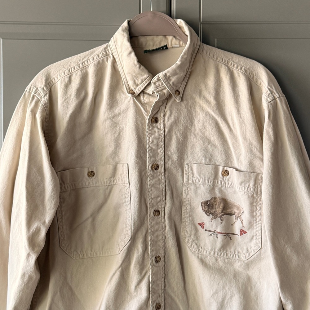 Coldwater Creek Vintage Women Western Buffalo Stampede Button Down Shirt,Cream,S